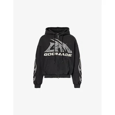 Godmade Mens Washed Black Logo-print Zip-up Cotton Hoody In Multi
