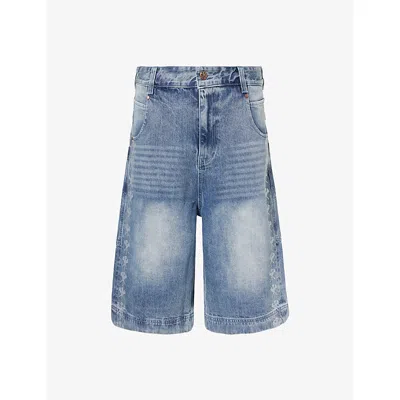 Godmade Mens Washed Blue Crystal-embellished Cotton Denim Shorts