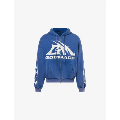 Godmade Mens Washed Blue Logo-print Zip-up Cotton Hoody