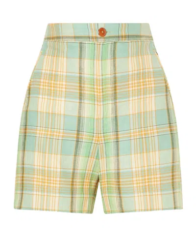 God's True Cashmere Lime Moss Checked Linen Shorts In Multi
