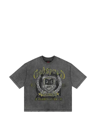 Godspeed Crest-print Acid-wash T-shirt In Gray