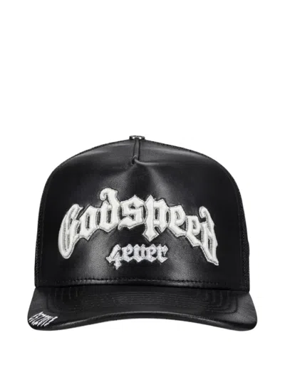Godspeed Embroidered Leather Trucker Hat In Black