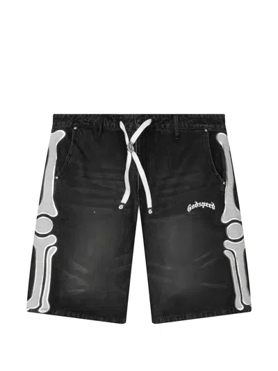 Godspeed Femur Skeleton-appliqué Denim Shorts In Black