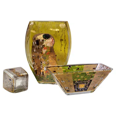 Pre-owned Goebel Company Gustav Klimt In Goebel Artis Orbis Vintage 3 Pcs Glass Ensemble Vase Bowl Set In Gold