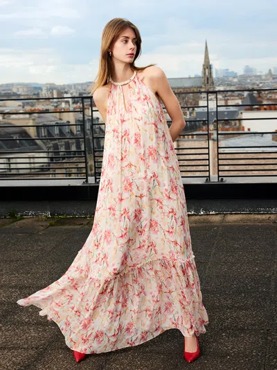 Goelia 10 Momme Mulberry Silk Iris Print Halter Ruffle Women Maxi Dress In Pink