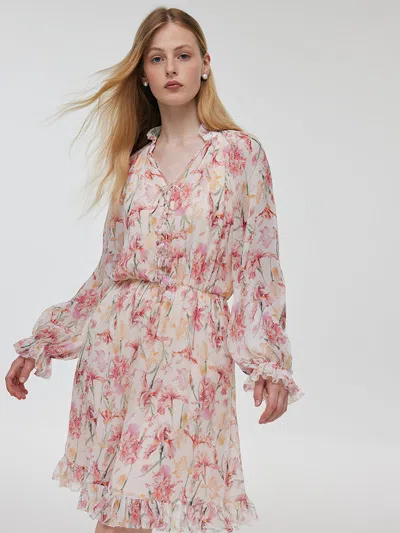 Goelia 10 Momme Mulberry Silk Iris Print Ruffle Women Mini Dress In Multi