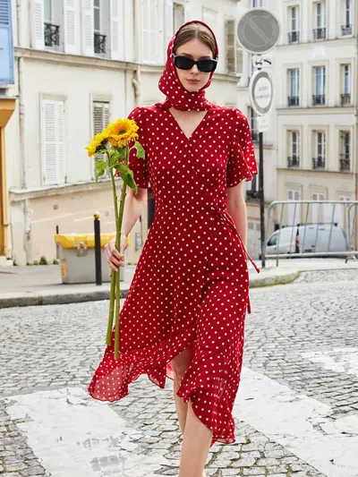 Goelia 10 Momme Mulberry Silk Polka Dots Print Wrapped Ruffle Women Midi Dress In Red