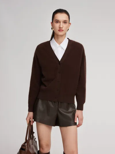 Goelia 100% Brushed Wool V-neck Women Cardigan In Brown