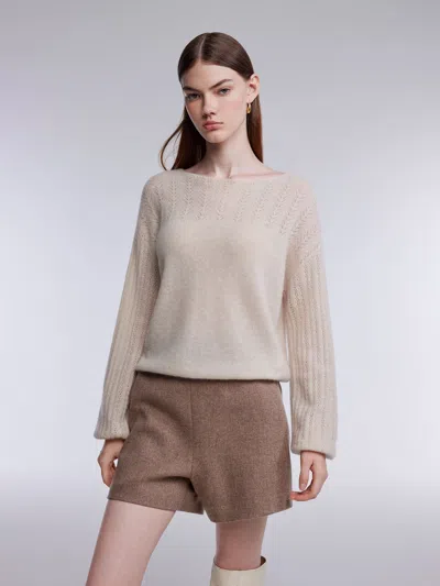 Goelia 100% Cashmere Pointelle Lantern Sleeve Women Sweater In Neutral