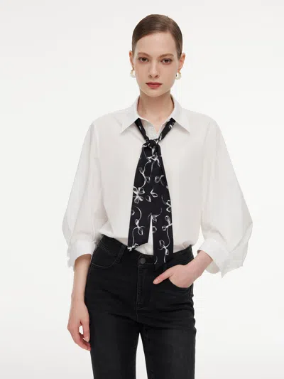 Goelia 100% Cotton 3/4 Sleeve Women Shirt With Ribbon Print Silky Scarf In White