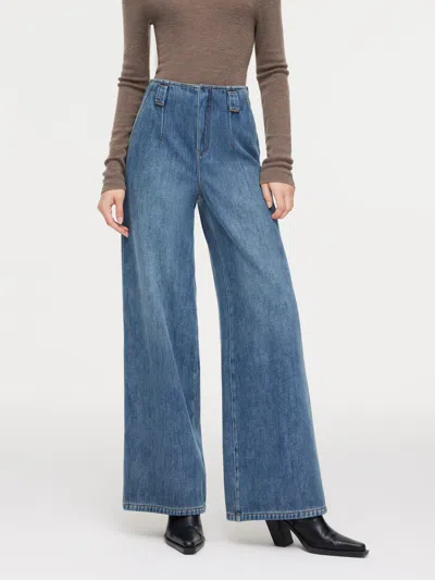 Goelia 100% Cotton Denim Fleece Lined Women Wide Leg Jeans In Blue