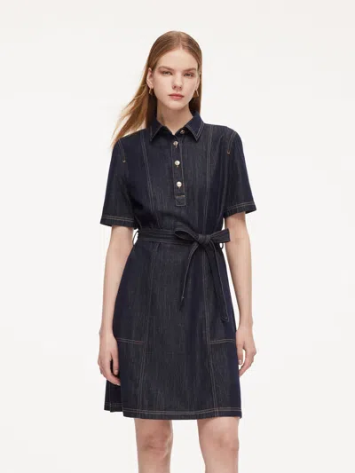 Goelia 100% Cotton Denim Women A-line Mini Shirt Dress With Self-tie Belt In Blue