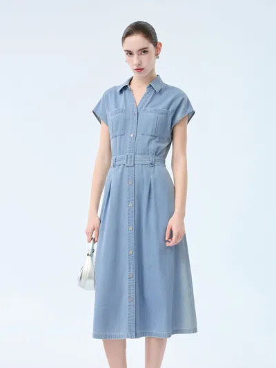 Goelia 100% Cotton Denim Women V-neck Maxi Shirt Dress With Belt In Blue