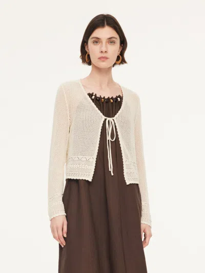 Goelia 100% Cotton Openwork Tie Front Women Cardigan In Neutral