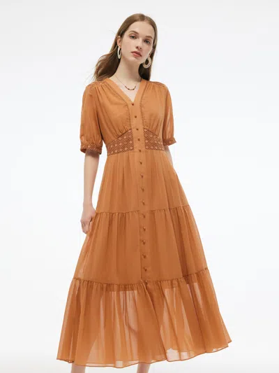 Goelia 100% Cotton Patchwork Lace Embroidered Women Maxi Dress In Brown