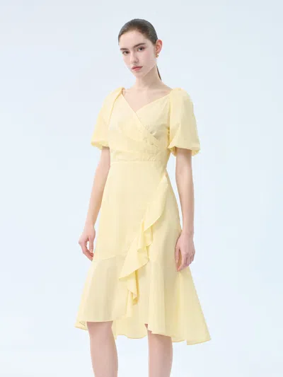 Goelia 100% Cotton Ruffle Puff Sleeve Women Wrap Midi Dress In Yellow