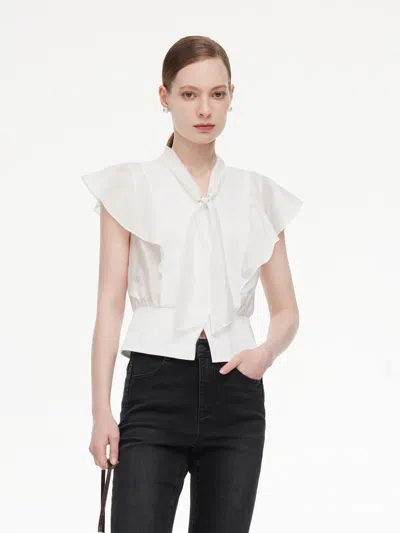 Goelia 100% Cotton Ruffle Sleeve Women Blouse With Detachable Scarf Buckle In White