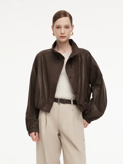 Goelia 100% Cotton Stand Collar Women Cropped Balloon Jacket In Chocolate Brown