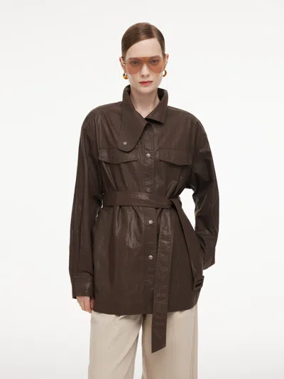 Goelia 100% Cotton Stand Collar Women Mid Length Trench Coat With Belt In Chocolate Brown