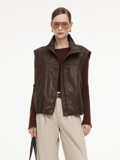 Goelia 100% Cotton Stand Collar Women Zip-up Vest In Chocolate Brown