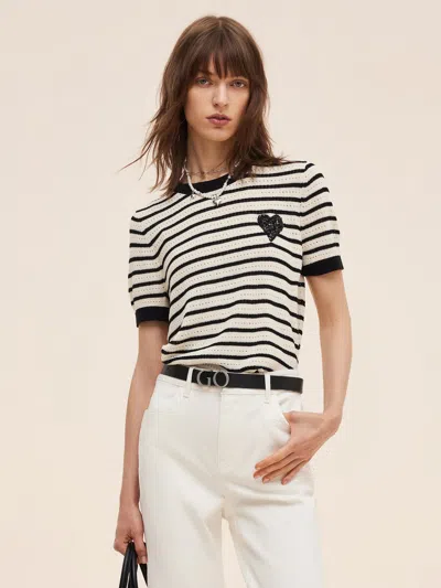 Goelia 100% Cotton Stripe Women Openwork Knit T-shirt In Black