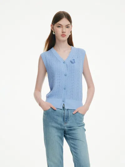 Goelia 100% Cotton Textured Women Knit Vest With Detachable Knit Flower In Sky Blue