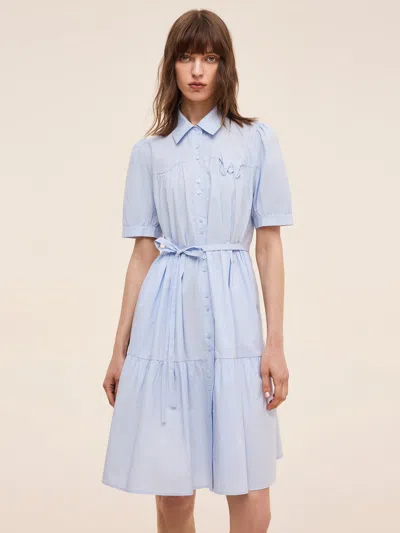Goelia 100% Cotton Women Puff Sleeve Mini Dress With Ribbon In Blue