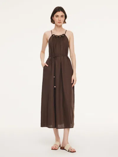 Goelia 100% Linen Beaded Neck Women Strap Maxi Dress With Tie String Belt In Multi