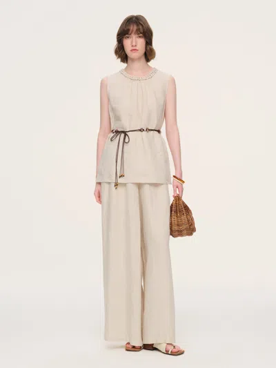 Goelia 100% Linen Braided Neck Tank Top And Pants Two-piece Set With Beaded Belt In Neutral