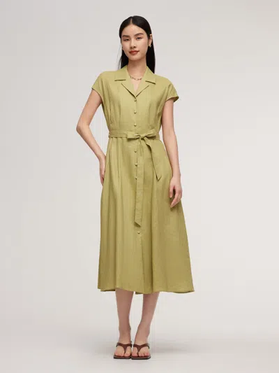 Goelia 100% Linen Gathered Waist Women Self-tie Belt Maxi Dress In Green