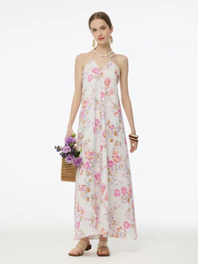 Goelia 100% Linen Rose Print Women Halterneck Slip Maxi Dress In White
