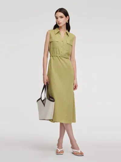 Goelia 100% Linen Sleeveless Women Maxi Shirt Dress With Belt In Green
