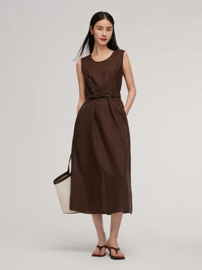 Goelia 100% Linen Twist Front Women Sleeveless Maxi Dress In Brown