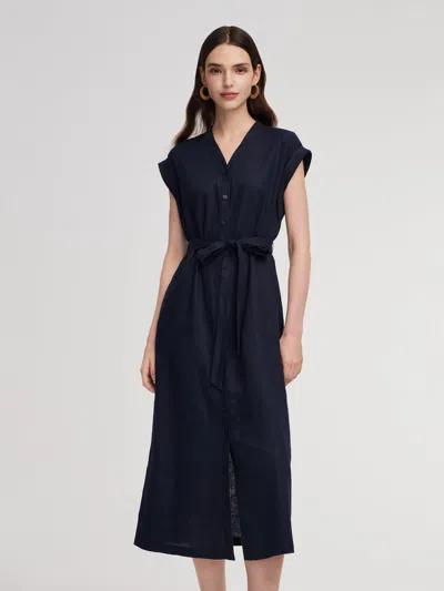 Goelia 100% Linen V-neck Women Self-tie Belt Maxi Dress With Skirt Lining In Blue