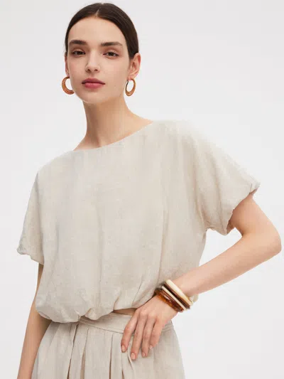 Goelia 100% Linen Women Bud Sleeve Top In Brown