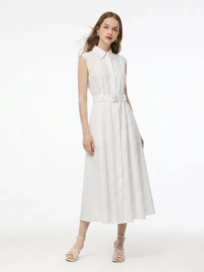 Goelia 100% Linen Women Maxi Shirt Dress With Belt And Slip Lining In White