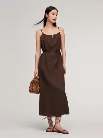 Goelia 100% Linen Women Strap Maxi Dress With Tie String Belt In Animal Print