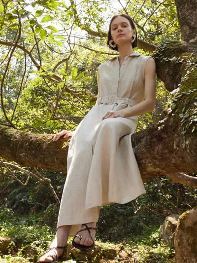 Goelia 100% Linen Women Vest Maxi Shirt Dress With Belt In White