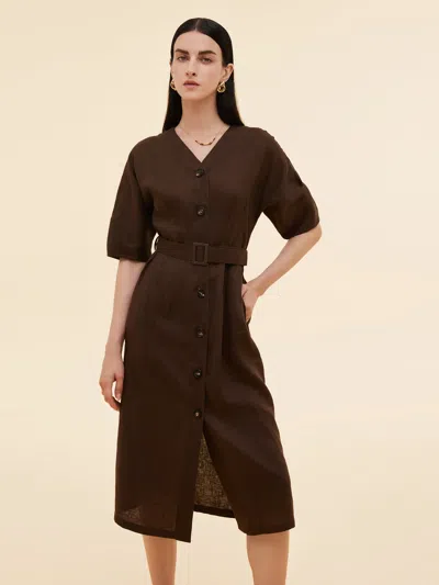 Goelia 100% Linen Women V-neck Midi Dress With Belt In Brown