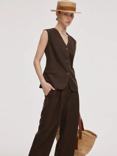 Goelia 100% Linen Women V-neck Vest In Brown