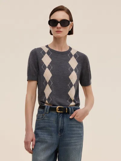 Goelia 100% Machine Washable Wool Argyle Women Knit Top In Gray