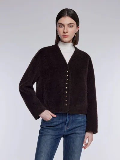Goelia 100% Shearling Wool V-neck Women Coat In Brown