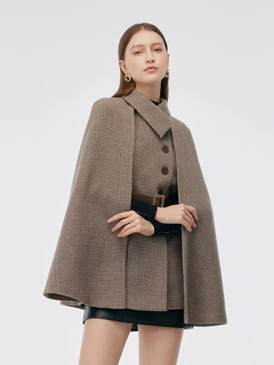 Goelia 100% Washable Wool Beige Check Cape And Vest Two-piece Set With Belt In Multi