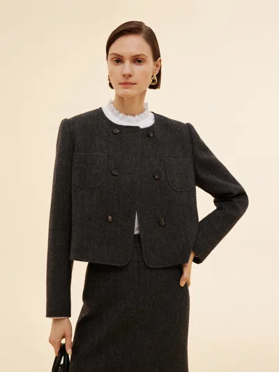 Goelia 100% Washable Wool Double Breasted Women Crop Jacket In Black