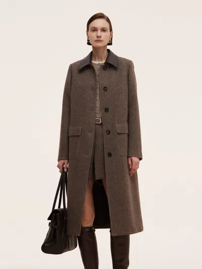Goelia 100% Washable Wool Leather Collar Women Coat In Brown