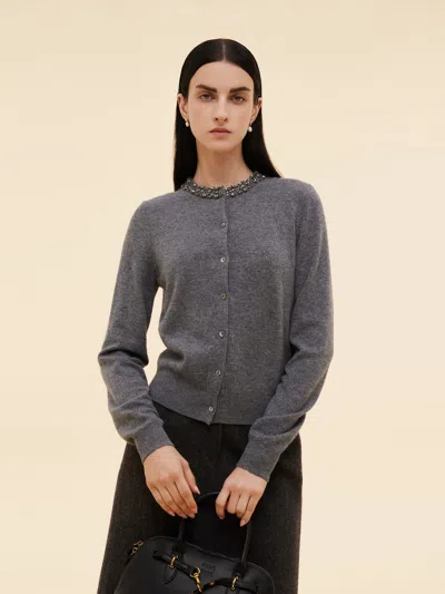 Goelia 100% Wool Beaded Round Neck Women Cardigan In Gray