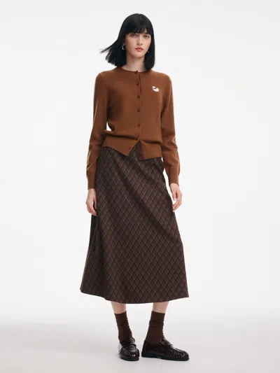 Goelia 100% Wool Cardigan And Plaid A-line Skirt Two-piece Set In Brown