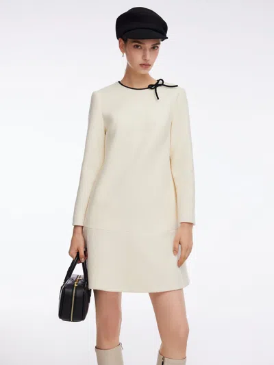 Goelia 100% Wool Contrast Trim Neck A-line Women Mini Dress In White