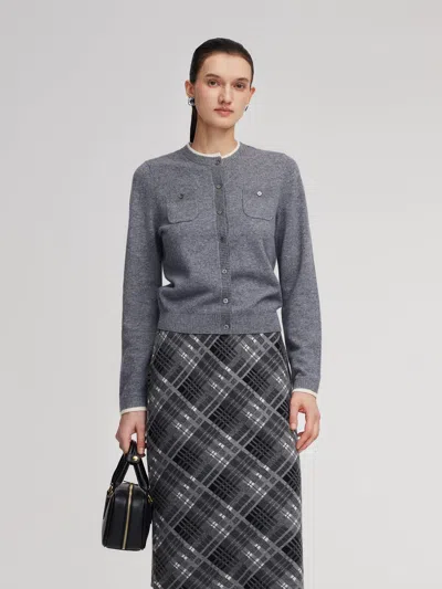 Goelia 100% Wool Contrast Trim Women Cardigan In Gray