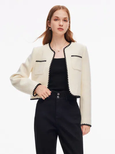 Goelia 100% Wool Contrast Trim Women Crop Jacket In Neutral